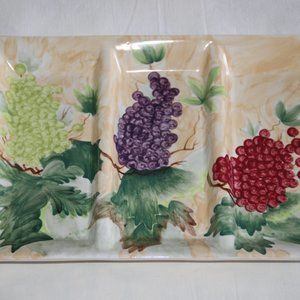 Ceramic Glazed 3-Compartment Grapes Design Party Serving Platter Dish Bowl New